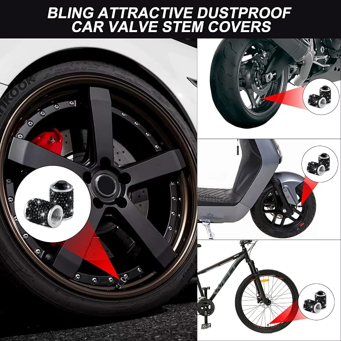 Alpmosn Car Wheel Tire Valve Caps, 4 PCS Bling Tire Valve Caps, Crystal Tire Caps Shinny Rhinestone for Women, Universal Car Dustproof Tire Valve Caps for Cars, Trucks, SUV and Motorcycles (Black)