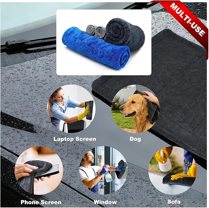 4-Pack 1300GSM Microfiber Car Drying Towels + 700GSM Chamois | Ultra Absorbent Twisted Loop, Streak-Free, Scratch-Free, Lint-Free, Lightweight, Easy to Handle