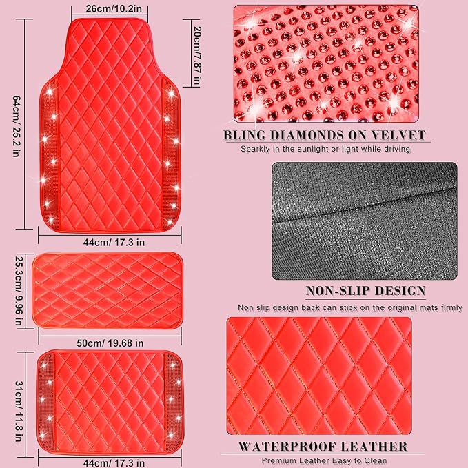 NBTEPEM Bling Leather Car Floor Mats Full Set, Sparkly Diamond Car Mats Universal Fit Most Automotive, Glitter Rhinestone Carpet Waterproof Anti-Slip (Red Leather Diamond)