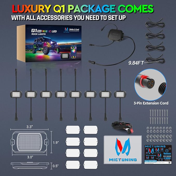 MICTUNING Q1 MAX RGB+IC Chasing Color Ultra-Bright Rock Lights 8 Pods Kits | 1000% Brighter 24 Light Chips Per Pod, Switch Wiring Kit, Aluminum Housing, IP68 Waterproof, Series/Parallel, Up to 24 Pods