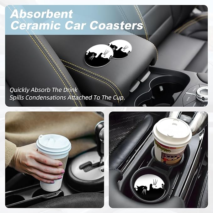 White and Black Cat Car Coasters for Cup Holders,2 Pack Car Cup Holder Coasters for Car,Ceramic Absorbent Car Coaster with A Finger Notch and Cork Base,Car Interior Accessories for Women Men