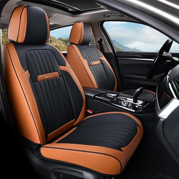 Coverado Car Seat Covers Full Set, Nappa Leather Seat Covers for Cars, Car Seat Protector Car Seat Cushion, Front and Back Seat Protectors Cushions Universal Fit for Most Cars Vehicles(Brown&Black)