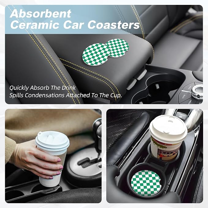 Green and White Checkered Car Coasters for Cup Holders,2 Pack Car Cup Holder Coasters for Car,Ceramic Absorbent Car Coaster with A Finger Notch and Cork Base,Car Interior Accessories for Women Men
