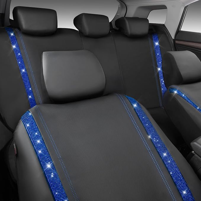 CAR PASS Bling Diamond Car Seat Covers Full Set, Shining Rhinestone Waterproof Faux Leather, Rear with Zipper, Universal Fit Automotive Glitter Crystal Sparkle Strips for Cute Women Girl, Blue