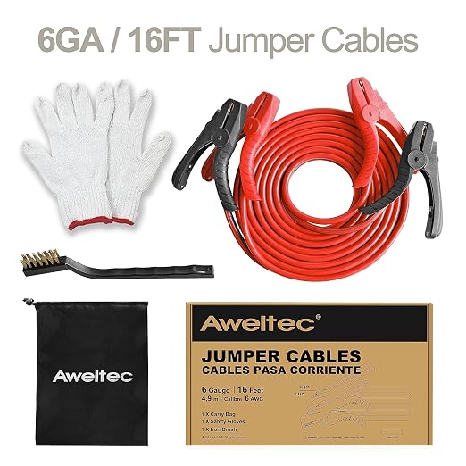 Heavy Duty Jumper Cables,6 Gauge 16 Feet Booster Battery Cable,Automotive Wires with LED Light,Alligator Clips,Carrying Bag,Safety Gloves and Iron Brush for Cars Truck