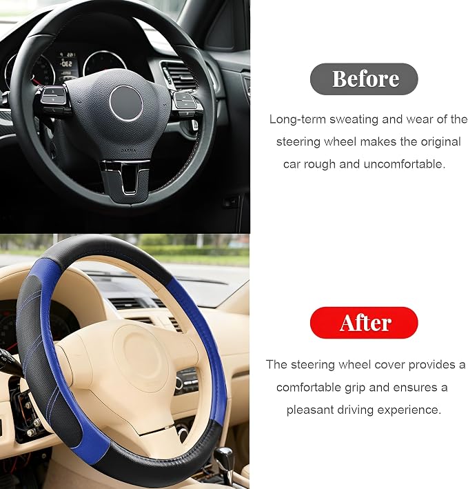 Car Steering Wheel Cover, 14.5-15" Non-Slip Soft Leather Breathable Sporty Steering Wheel Protector, Comfortable Automotive Interior Protection Accessory, Universal for Vehicles (Black/Blue)
