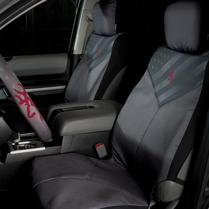 Browning Universal Low Back and Bench Seat Covers, Water and Dirt Resistant Car, Truck, and SUV Seat Covers, Traditional (Gray/Flag), Low Back (Single)