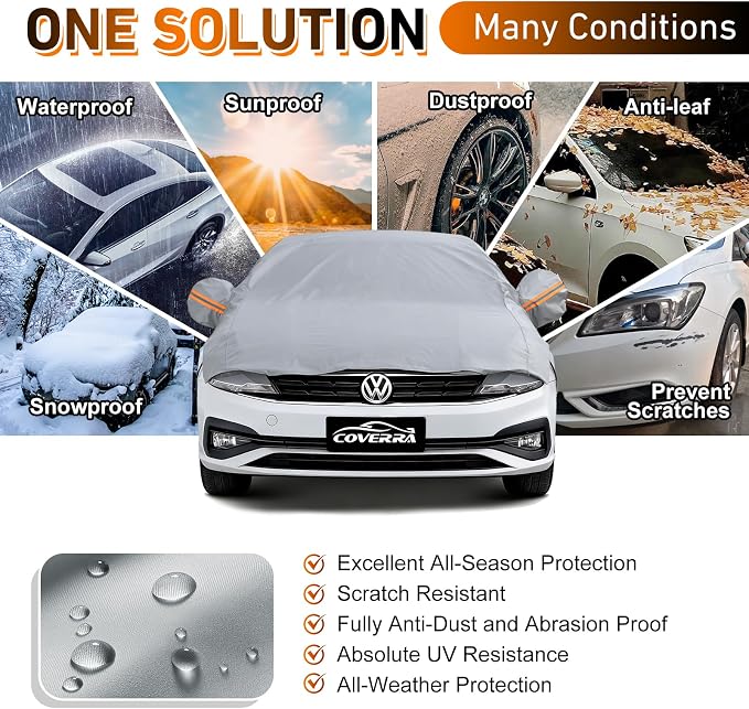 Half Car Cover for Snow, Windshield Cover for Ice and Snow with Cotton Liner, Hail Protector Car Cover Waterproof All Weather for Snow, Sun, Rain, Dust, Fit Sedan L