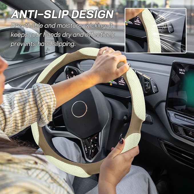 Wuyaoyao Car Steering Wheel Cover, 15 Inch PU Leather Anti-Slip Steering Wheel Covers Protector with Soft Hand Pad Cushion, Breathable & Comfortable, Universal Interior Car Accessories (Beige)