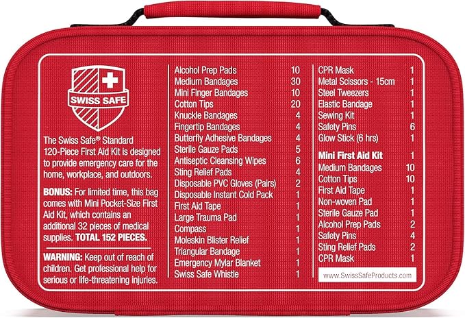 Swiss Safe 2-in-1 First Aid Kit for Car, Travel & Home, Businesses - Bonus Mini Kit for Medical Emergency Aid, Survival, Camping - 120+32 Pcs, Small+Travel FAK