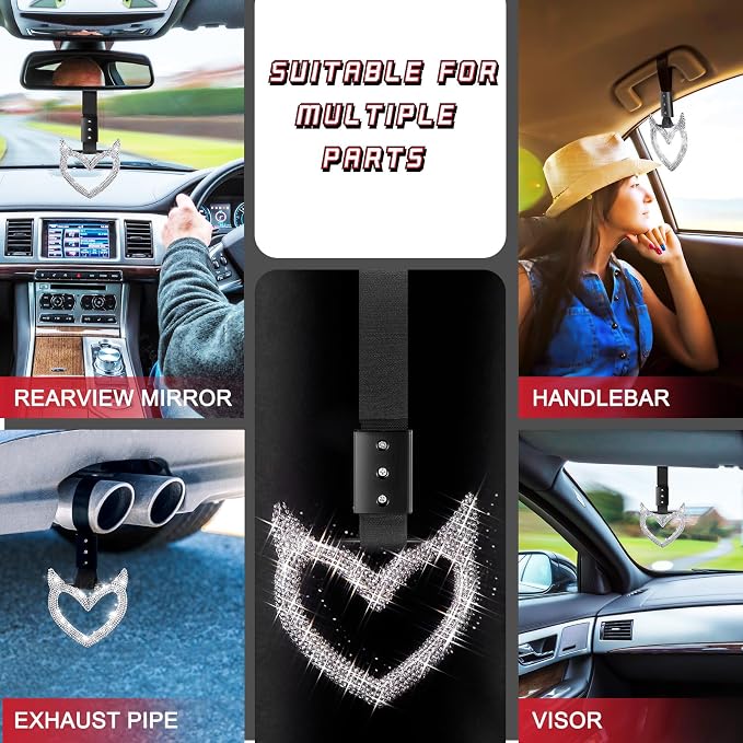 Fabbay Bling Car Accessories Bling Heart Handle Ring Car Accessory for Women Heart Hand Strap Drift Charm Rear Bumper Warning Ring Decor for auto Bus Interior Exterior Decoration(White,Devil Style)