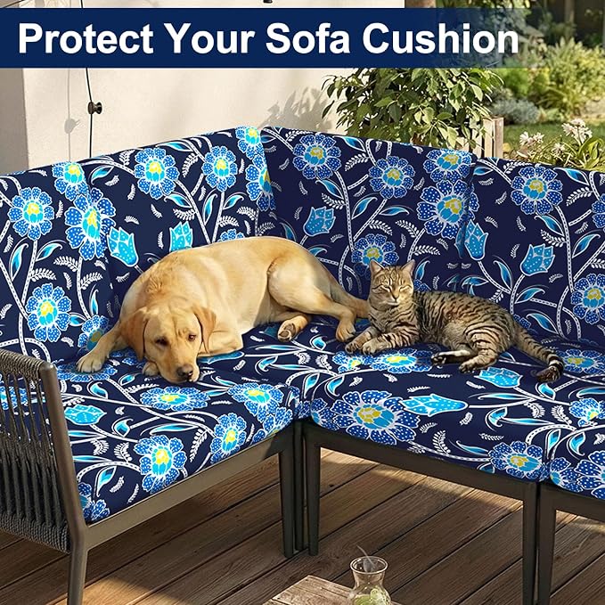 Smiry Waterproof Patio Cushion Covers, Stretch Outdoor Couch Slipcovers Replacement Washable Furniture Protector Sofa Chair Seat Cover for Dogs and Pets (8 Pcs, Midnight Blue)