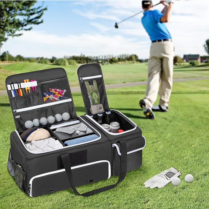 DSLEAF 2 Layer Golf Trunk Organizer, Golf Car Locker for Men & Women, Black | Reinforced Structure, Bottom Shoe Space for 2 Pair of Golf Shoes, Multiple Pockets for Balls, Tees and Gloves