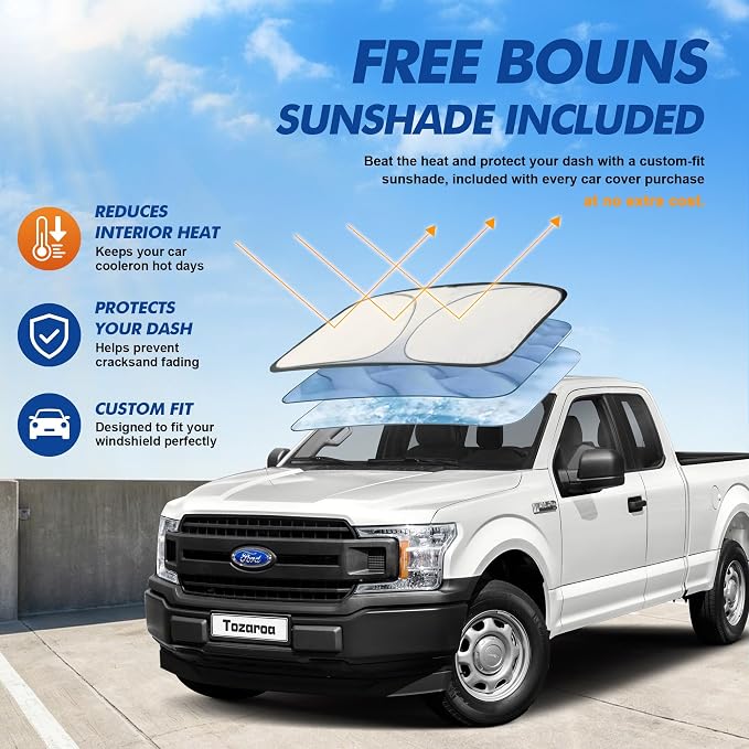 Truck Cover Waterproof All-Weather,Outdoor Pickup Covers(Length 229-242 inch) with Windshield Sun Shade Universal Fit Tacoma, Tundra, F-150, RAM 1500 etc,Size T4 (See Size Chart)