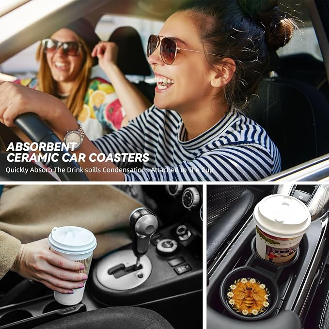 Bees Daisies Golden Honeycomb 2 Pack Car Cup Holder Coasters Absorbent Ceramic Drink Coasters 2.56" Anti Slip Cup Mat with Cork Base and Finger Notch Auto Accessories Interior for Women Men