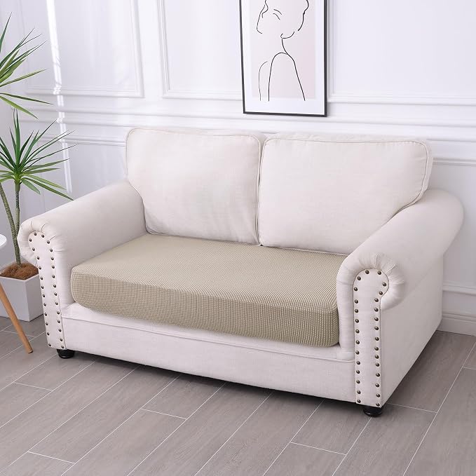 hyha Waterproof Couch Cushion Covers for Pets, Non Slip Sofa Seat Cover for Dogs Washable, Soft Thick Stretch Jacquard Fabric, Sofa Slipcovers with Elastic Bottom (1 Piece for Medium, Taupe)