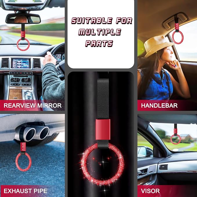 Fabbay Bling Car Accessories Bling Round Handle Ring Car Accessory for Women Hand Strap Drift Charm Rear Bumper Warning Ring Decor for Auto Bus Interior Exterior Decoration(Red, Round Style)