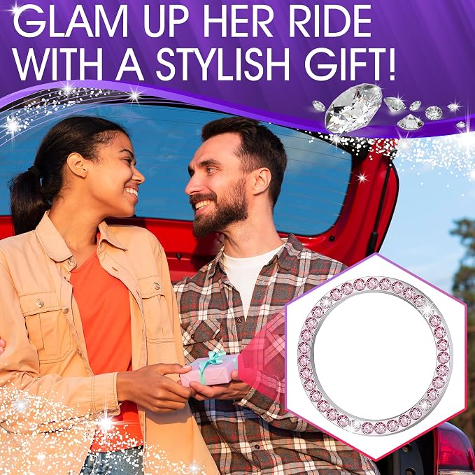Bling Car Decor Crystal Rhinestone Car Bling Ring Emblem Sticker, Bling Car Accessories for Auto Start Engine Ignition Button Key & Knobs, Bling for Car Interior, Unique Gift for Women (Pink)