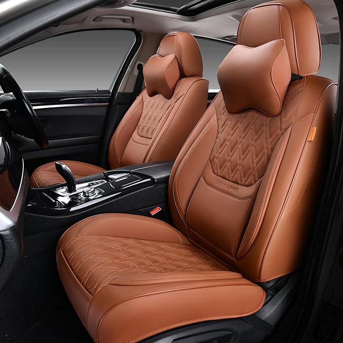 Car Seat Covers Full Set, Breathable Leather Automotive Front and Rear Seat Covers & Headrest, Universal Automotive Vehicle Seat Cover for Most Sedan SUV Pick-up Trucks, Brown