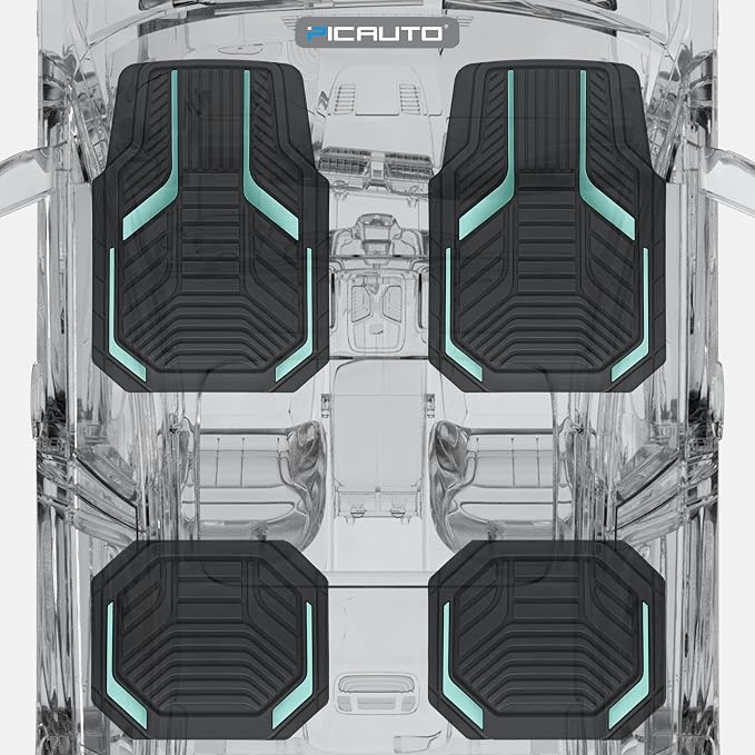 PIC AUTO Heavy Duty Rubber Floor Mats, Mint Aluminum Film Car Mats Set, Front and Rear Car Mats with Anti-Slip Backing, All Weather Protection, Trim-to-Fit for Automotive SUV, Sedan, Van