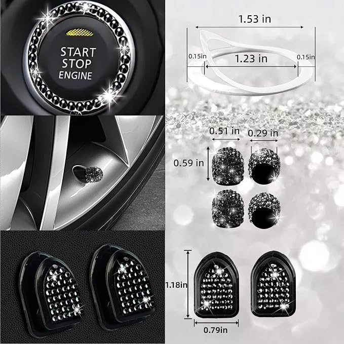 NBTEPEM 30 Pcs Black Bling Car Accessories Set for Women, Steering Wheel Cover Set, Bling Console Cover, Seat Belt Cushion, Shift Knob Cushion, Cup Holder Coaster, Rhinestone Car Hanging Accessories