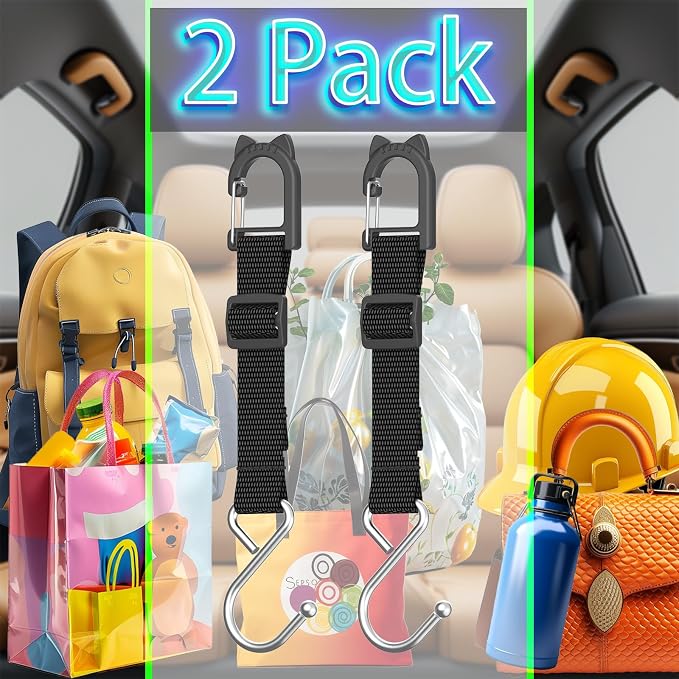 Purse Hook for Car, S-Shape Headrest Hooks, 2 Pack | 100 LBS Heavy Duty, Safe Flat Design, Multi-Use for Bags & Sports Fence