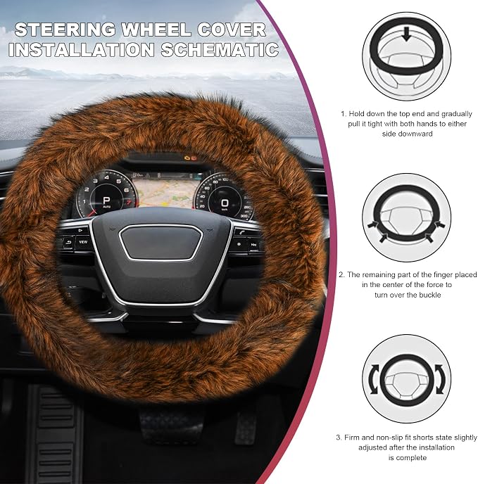 Fluffy Steering Wheel Cover, 15 Inch Anti-Slip Microfiber Plush Fuzzy Steering Wheel Cover, Winter Warm Elastic Fuzzy Steering Wheel Covers for Women and Men, Car Accessories (Brown)