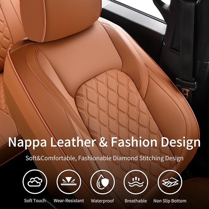 Huidasource Front Truck Seat Covers Fit for Ford F150 2015-2026&F250 F350 F450 2017-2026 All Cab XL XLT Lariat King Ranch Platinum, Waterproof Leather Automotive Car Seat Cover(Front Pair/Brown)