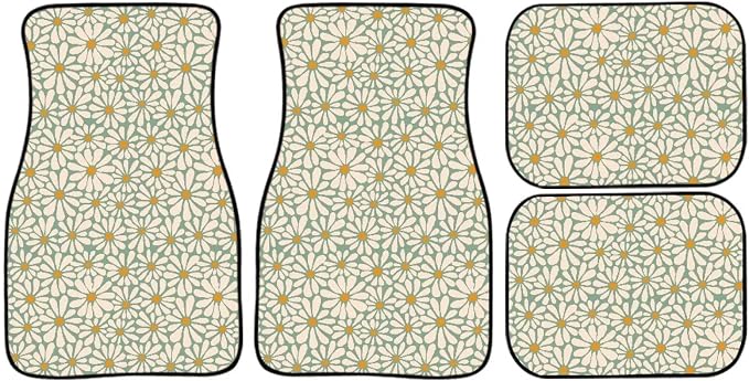 Daisy Flower Print Car Floor Mats Set of 4 Retro Groovy Floral Universal Vehicle Floor Carpet Decorative Auto Front Rear Foot Rugs for Trucks SUV Sedan