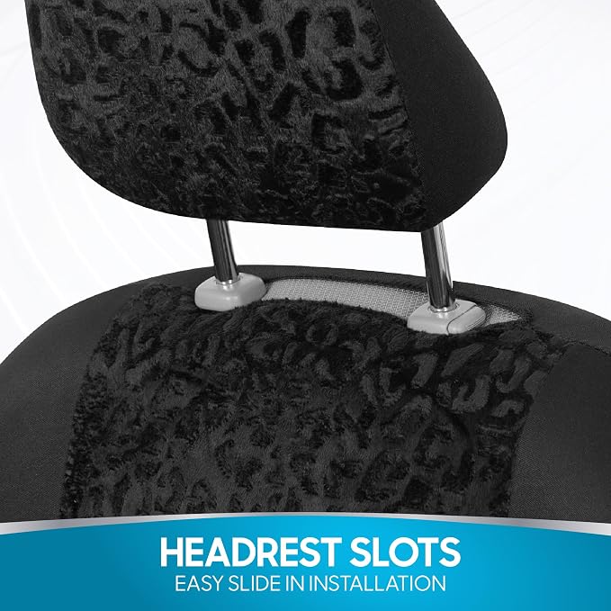 BDK Black Leopard Car Seat Covers for Front Seats, Animal Print Front Seat Cover Set with Matching Headrest, Sideless Design for Easy Installation, Fits Most Car Truck Van and SUV, (Pack of 2)