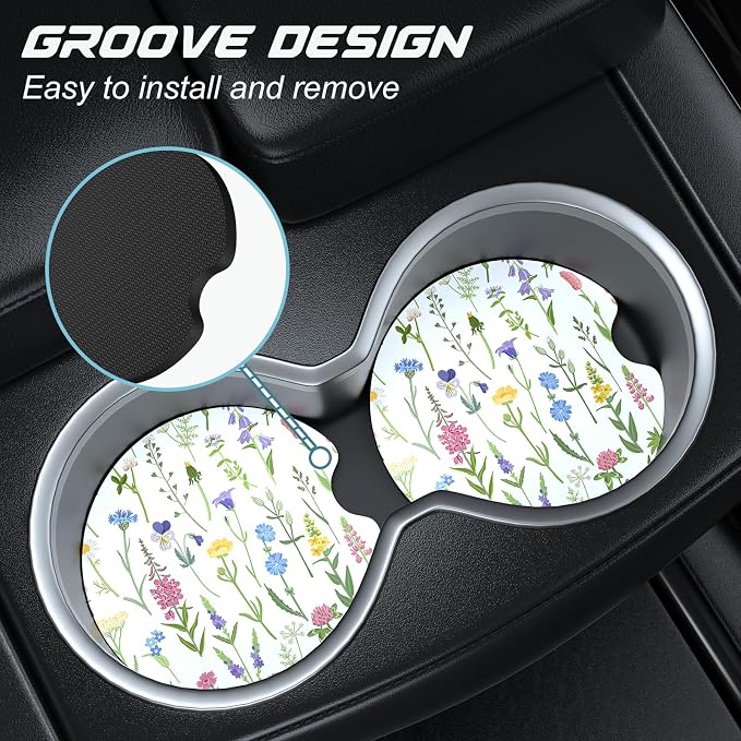 Aiawoxc Car Cup Holder Coasters, 2 Pack Universal Auto Anti Slip Insert Coaster with A Finger Notch, Cute Car Assecories for Women Men, Cup Mat for Most Interior, Colorful Flowers