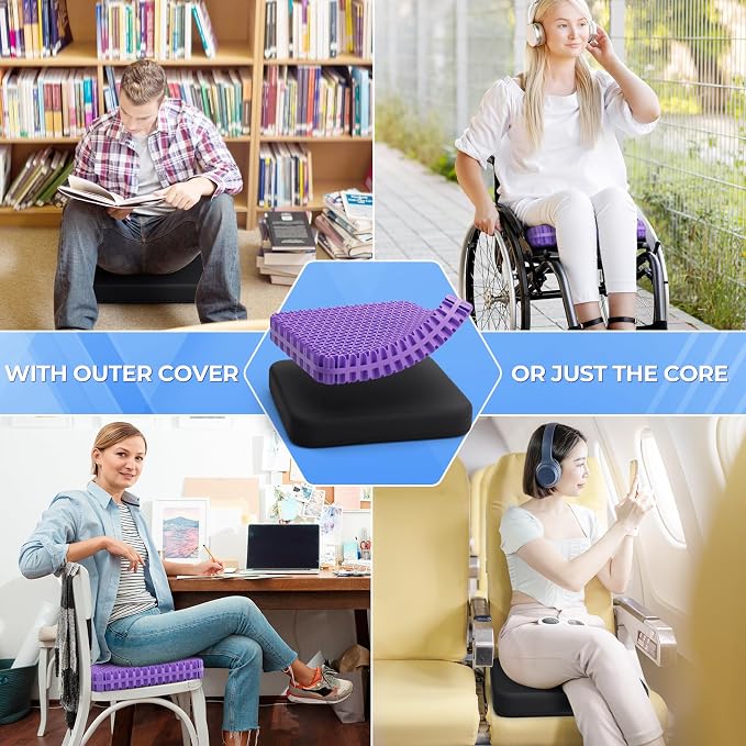 TushGuard Gel Seat Cushion for Long Sitting, Enlarged & Thickened Patent Design, Breathable Cooling Chair Pad for Office, Soft Car Seat Cushion for Wheelchair (Standard, Black)