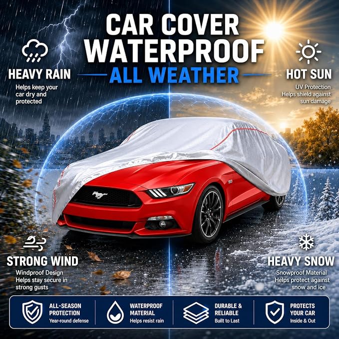 Car Cover Waterproof All Weather for Ford Mustang 1994-2025,All-Around Fastening and 4 Upgrades, 30s Quick-Install for Car Cover