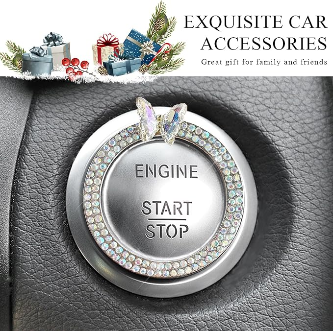 DXNQ 2PCS Bling Ring Emblem, Sparkling Butterfly Car Buttons and Knobs Ring, Girly Butterfly Diamond Car Engine Start Button Cover, Key Ignition Knob Rings Decoration for Women (AB, Double Row)