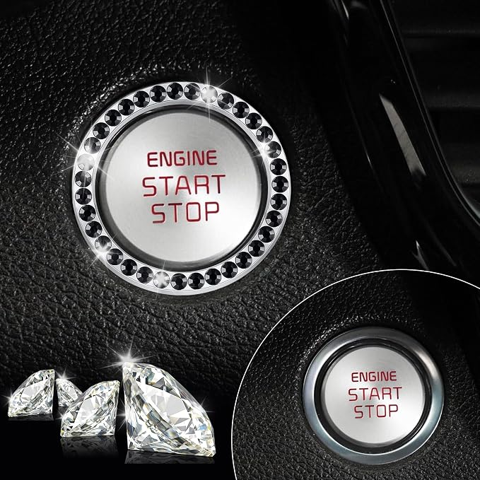 LivTee 2 PCS Crystal Rhinestone Car Engine Start Stop Decoration Ring, Bling Car Interior Accessories for Women, Push to Start Button Cover Sticker, Automotive Decals, Black