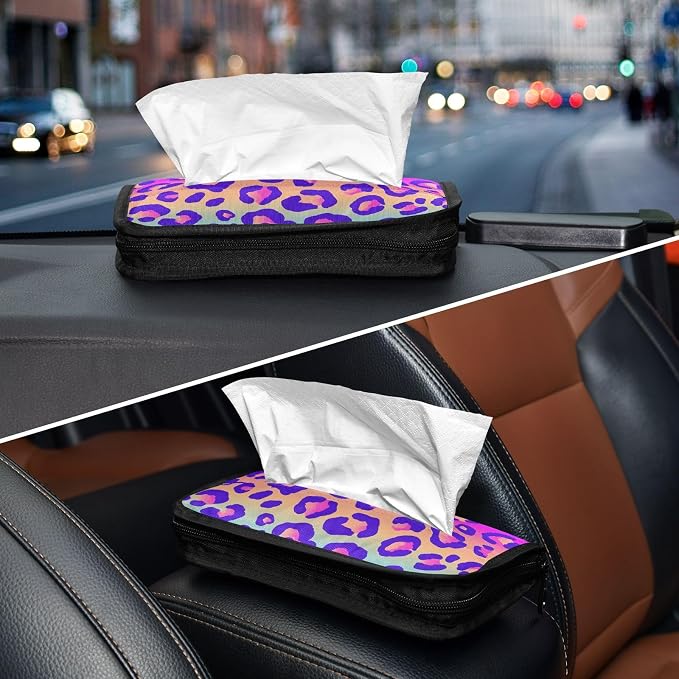 Car Tissue Holder Car Napkin Holder Tissue Box Dispenser Storage Case Sun Visor Mask Holder Accessories with Adjustable Straps Reusable Refillable Neon Gradient Leopard Print