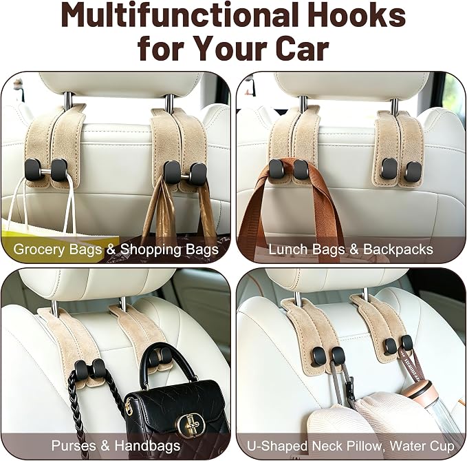 SUKIPIN Car Hooks, Car Seat Headrest Hooks for Purses and Bags 2-Pack Beige | Car Accessories for Women, Solid Durable Construction, Quick Tool-free Mounting, Universal Fit for Most Vehicle Headrests