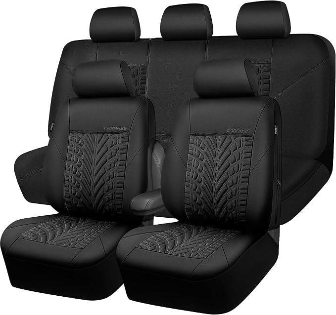 CAR PASS Neoprene Waterproof Seat Covers Full Sets, Wetsuit Car Seat Covers 5 Seats Universal Fit for Vans, Truck, SUV, 3D Tyre Embossed Seat Covers Anti Slip with Armrests, Aibag Compatible(Black)