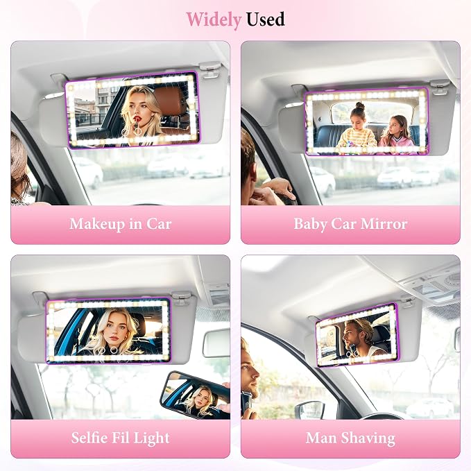 SINGARO 2PCS Car Sun Visor Vanity Mirror - Rechargeable Makeup Mirror with 60 LEDs, 3 Light Modes & Dimmable Touch Control for Cars, Trucks, SUVs, Car Interior Accessories for Women (Purple)