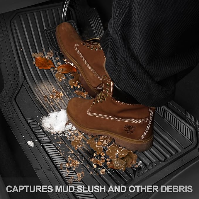 CAR PASS Heavy Duty Sporty Rubber Car Mats, Deep Dish All Weather Car Floor Mats Full Set, Waterproof Anti-Slip Automotive Matts Rugs Trim to Fit for Most Sedans SUVs Vans, All Black