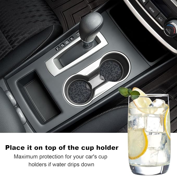 2PCS Car Cup Holder Coasters, Leopard Print Absorbent Rubber Insert Coaster with Finger Notch, Anti-Slip Drink Cup Mat Cute Vehicle Interior Accessories for Women Men (13)