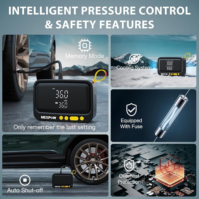 NEXPOW Tire Inflator Portable Air Compressor, 150 PSI, Yellow | Air Pump for Car Tires, Digital Pressure Gauge & Auto Shut-Off, For Car, Motorcycle, Bicycle, Balls