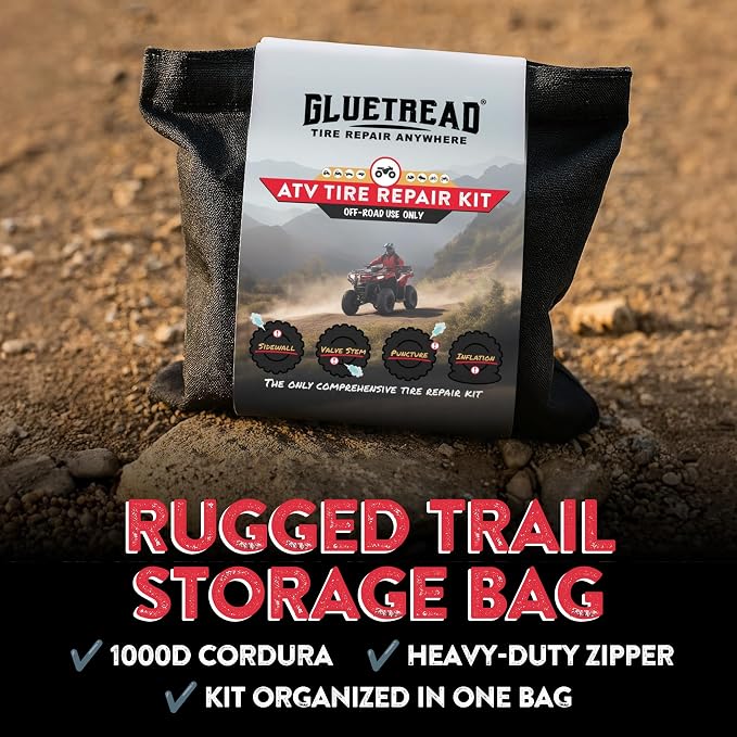 GlueTread ATV Tire Repair Kit Complete Off-Road Tire Patch Kit - Includes Glue Tread Sidewall Repair Patches, Colby Emergency Valve, Plug Kits (12 Plugs), T Handles and 4 CO2 Cartridges - Heavy Duty