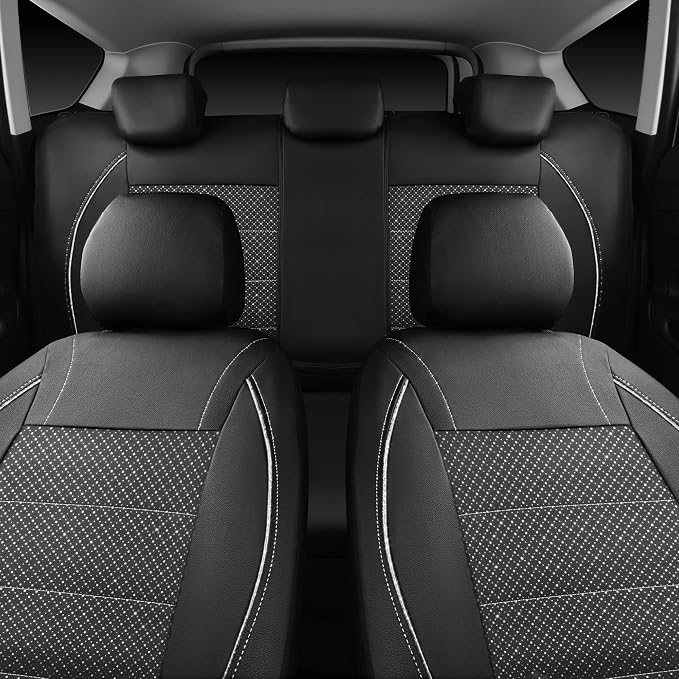 CAR PASS Piping PU Leather Car Seat Cover Full Set, Inside Zipper Design and Reserved Opening Holes, Airbag Compatible,Universal FIT for Car, SUVs,Van,Trucks(Full Set, Black & Silver