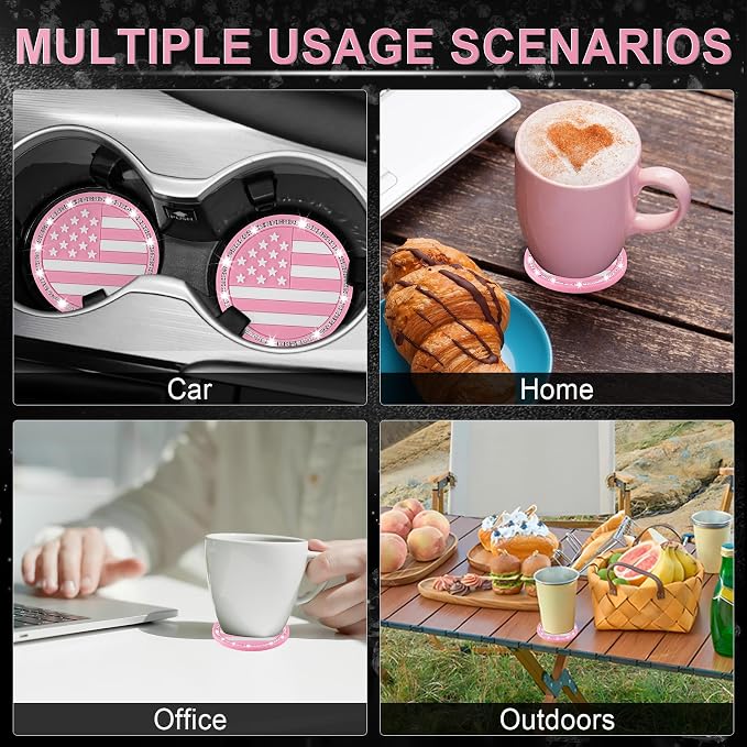 JUSTTOP Bling Car Cup Holder Coaster,4PCS American Flag Cup Holder Insert,Universal Non-Slip Cup Holders,Car Accessories Interior for Women and Man(Pink)