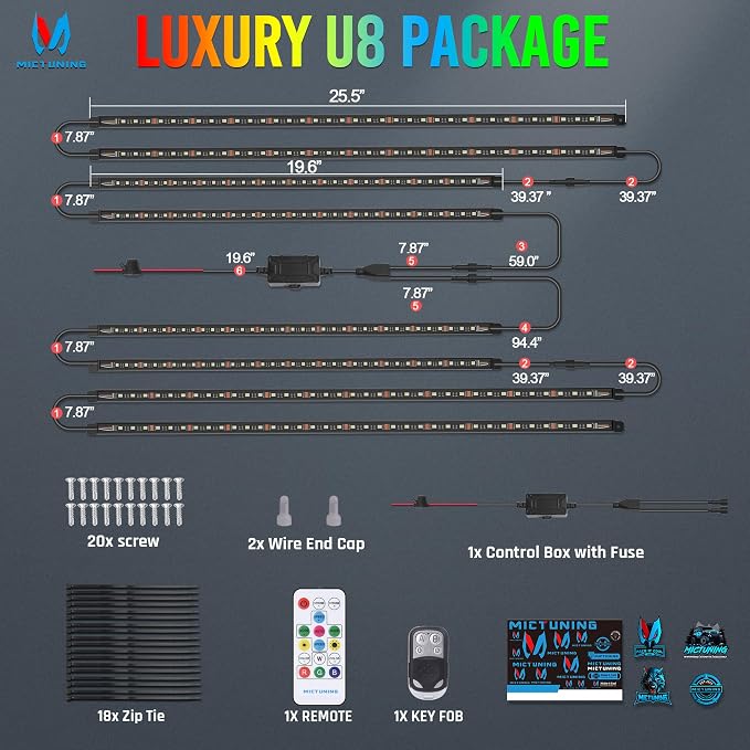MICTUNING U8 RGBW Underglow LED Light Bars (8-Piece Kit) 888 Ultra-Bright LEDs, Dual Remotes, White+RGB Colors, IP68 Waterproof Aluminum Housing – for Cars, Trucks, SUVs, ATVs