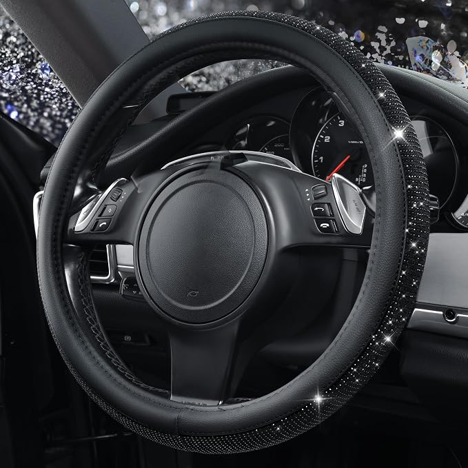 CAR PASS Bling Black Diamond Leather Steering Wheel Cover, with Sparkly Crystal Glitter Rhinestone Universal Fit 15" 1/2-16" Large Size Car Wheel Protector for Women Girl Fit Car,SUV,Van,Sedan, Black