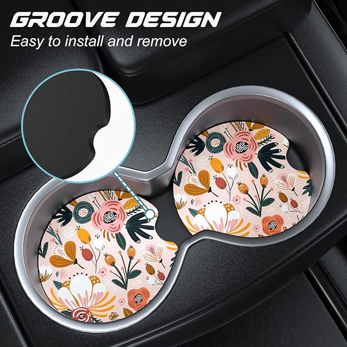 Aiawoxc Car Cup Holder Coasters, 2 Pack Universal Auto Anti Slip Insert Coaster with A Finger Notch, Cute Car Assecories for Women Men, Cup Mat for Most Interior, Pink Flower