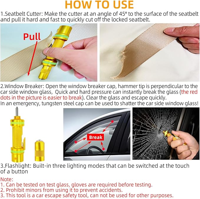 2026 Upgraded 3-in-1 Window Breaker Seatbelt Cutter & Flashlight, Glass Breaker, All-Metal Window Breaker - 0.75 inch Tungsten Steel Hammer Tip Can Shatter Tempered Glass (Gold)