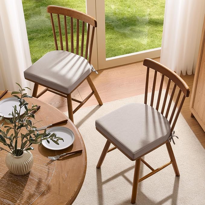 downluxe Chair Cushions for Dining Chairs, Memory Foam Linen Kitchen Chair Pads with Ties, Waterproof, Stain-Resistant and Washable Cover, 17" x 16" x 2.5", Beige, 2 Pack